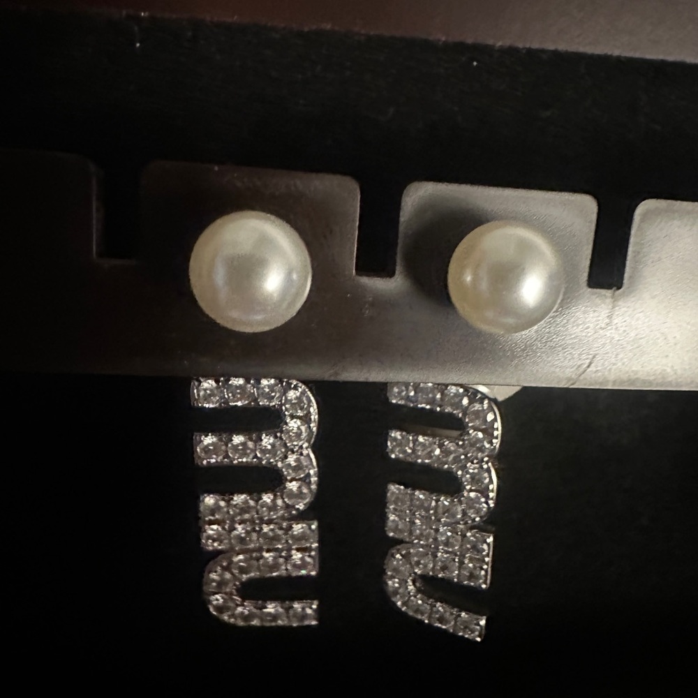 Miu Miu Silver and Pearl Earrings with Crystal Embellishments
